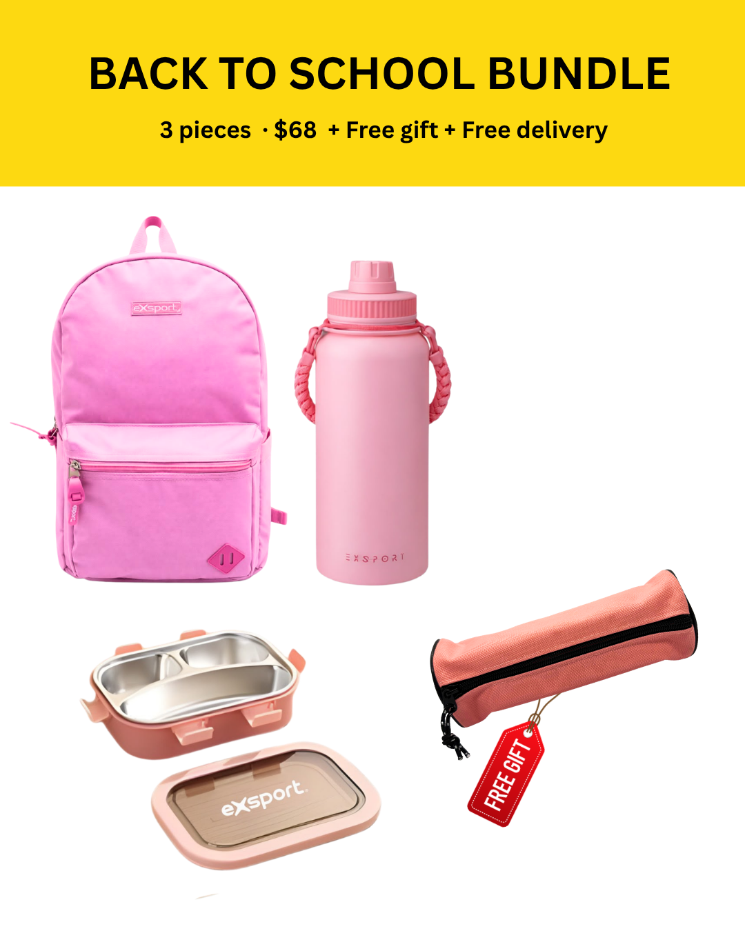 Exsport Bubblegum Pink 3-Piece Back-To-School Premium Bundle
