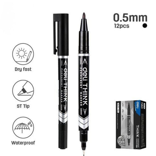 Deli Dual-Tip Permanent Marker 0.5mm ST Fine Tip / 1.0mm Bullet Tip