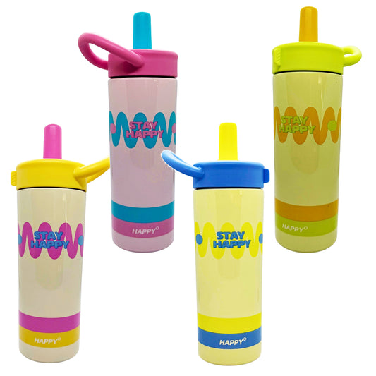 "Stay Happy" Pastel Water Bottles - 600ml